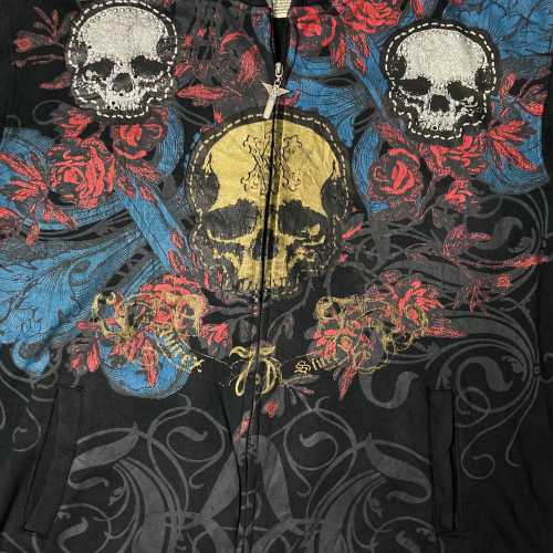 トップス AVIREX - skull full design l/s cutsew Avirex Zip Up Hoodie Jacket Mens Large Black Skull Y2K
